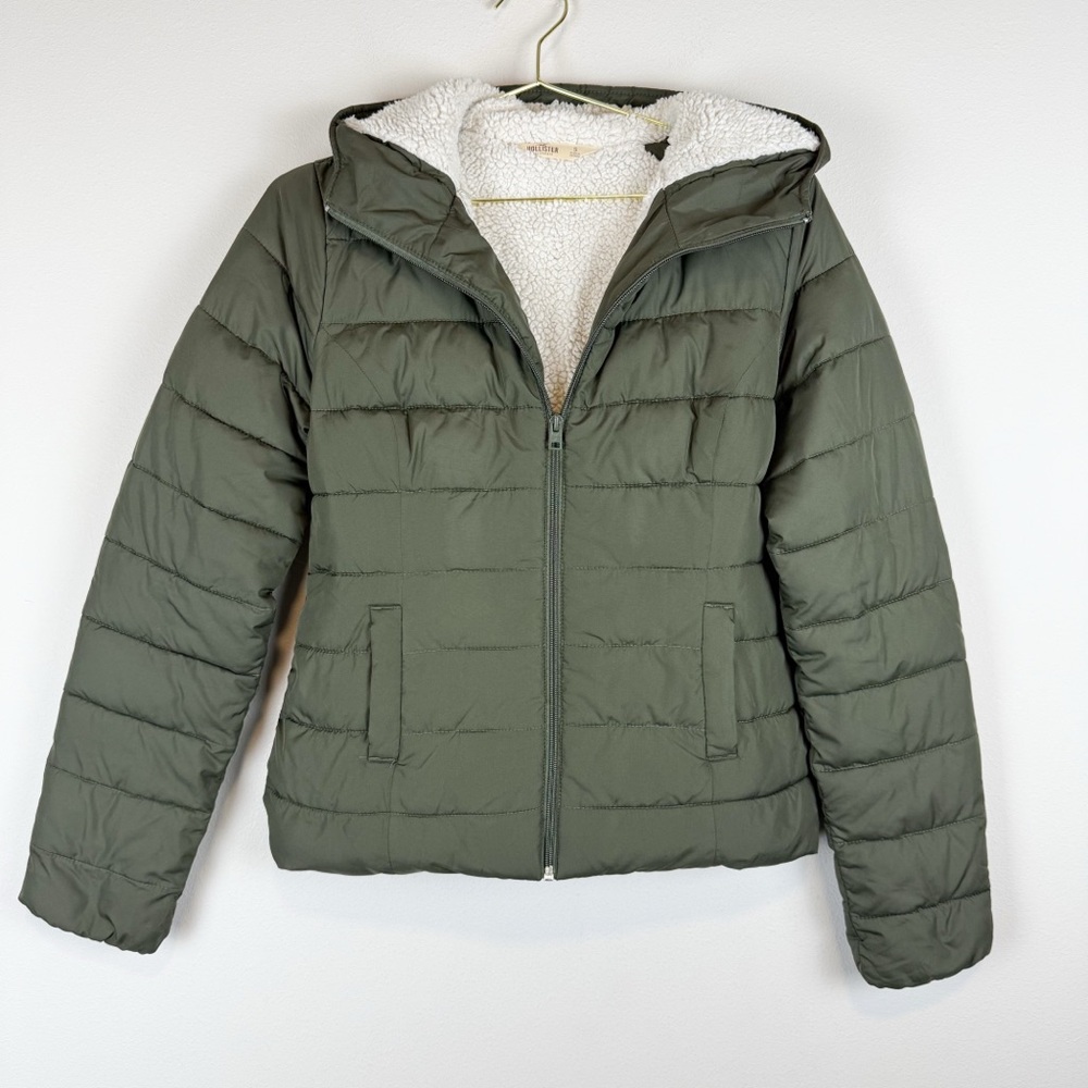 Hollister Green Hooded Sherpa Lined Puffer Coat Jacket Size Small